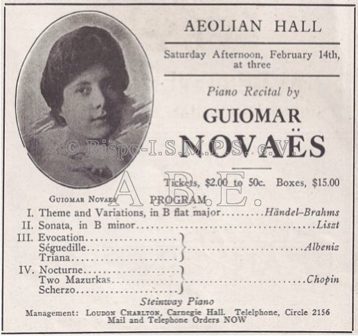 Guiomar Novaes, Aeolian Hall. Arquivo A.B.E.